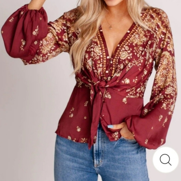 Free People Boho Tops Burgandy Run Free Blouse Sz Small - Picture 1 of 16